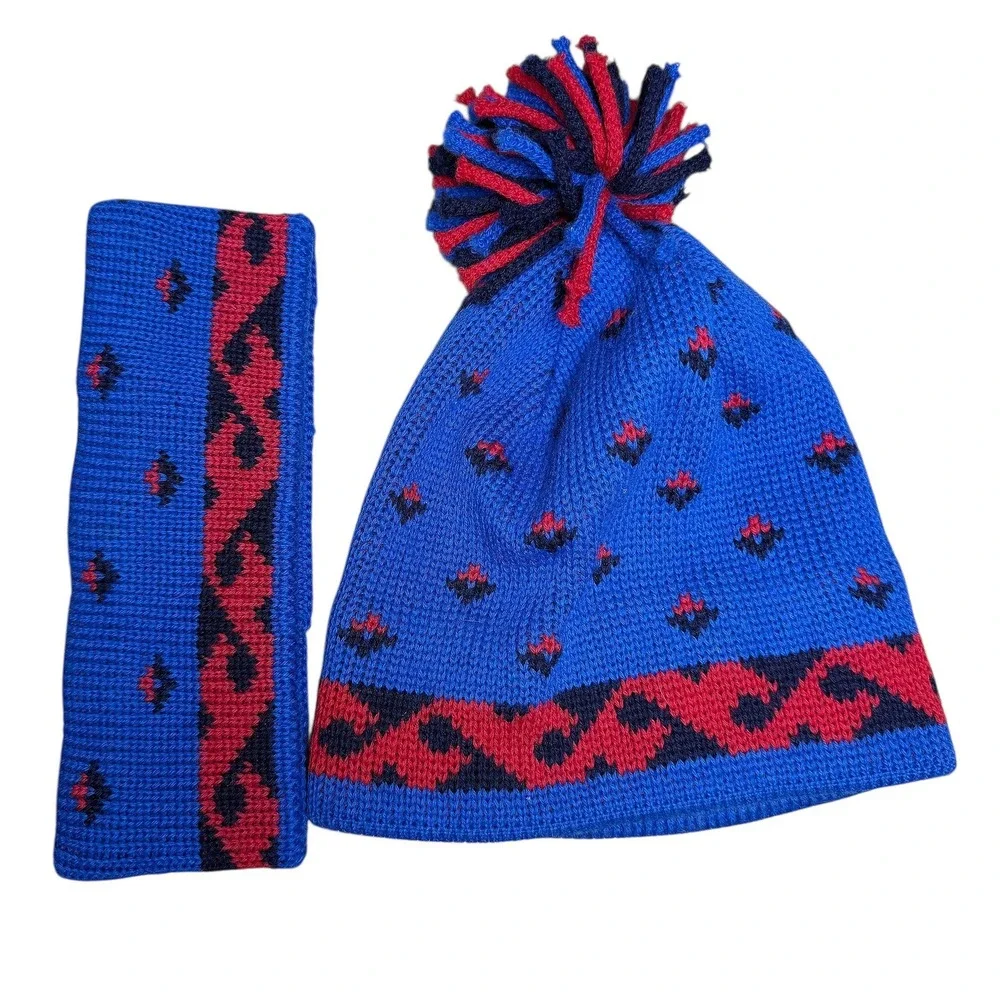 Vintage Lands End Wool‎ Beanie Headband Set Blue Red Geometric Pom Pom One Size